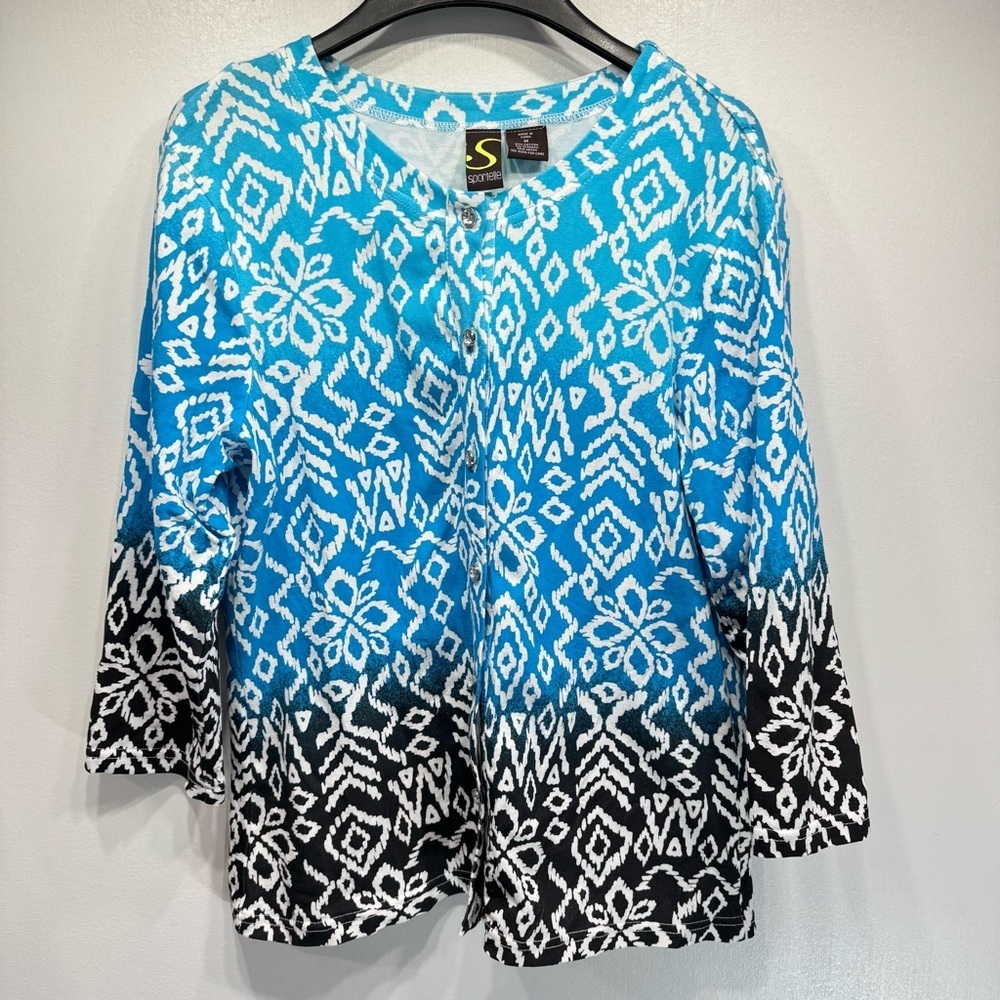 Sportelle Ikat Ombre Blue to Black Knit Cardigan Jacket with Rhinestone Buttons